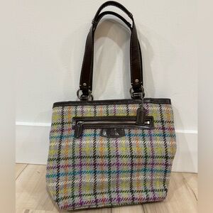 Coach Penelope Wool Plaid Tote with Dark Brown Leather Accents
